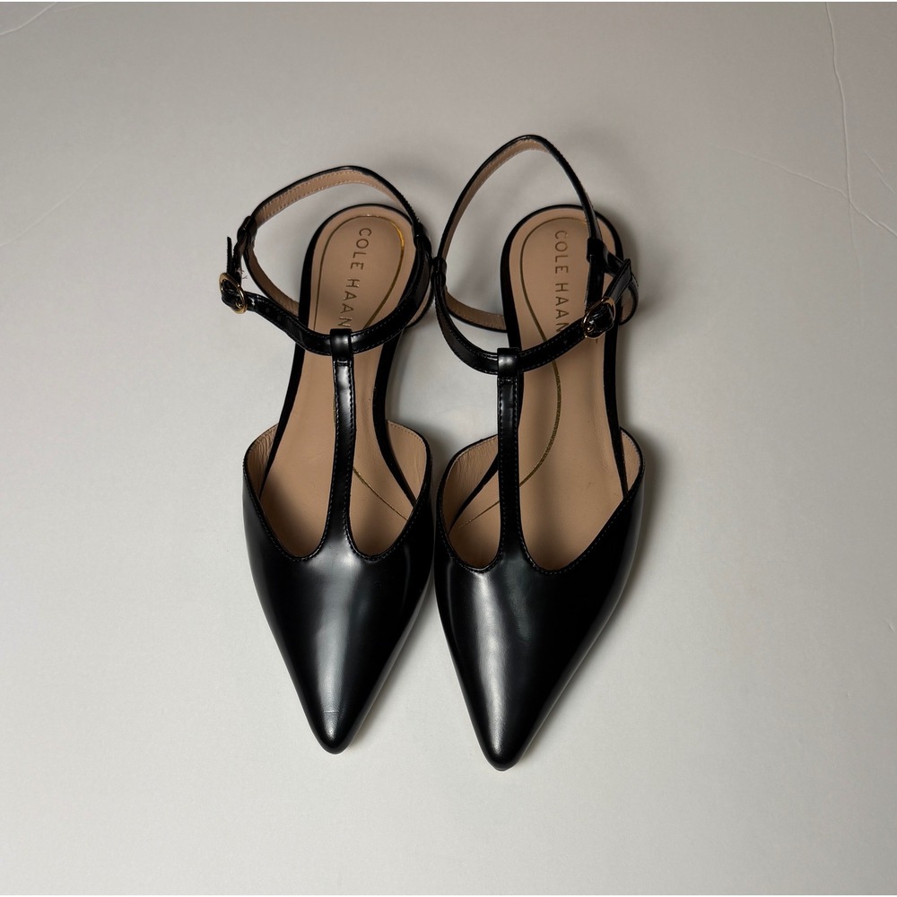 Cole Haan Grand 360 Black Leather T-Strap Pointed Toe Flats Shoes Womens 6B - Picture 2 of 8